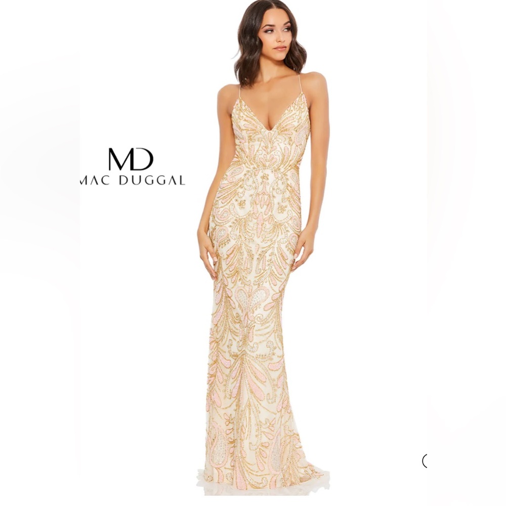 MAC DUGGAL, style 5309 CHAMPAGNE STRAPPY BACK BEADED GOWN. Size 6